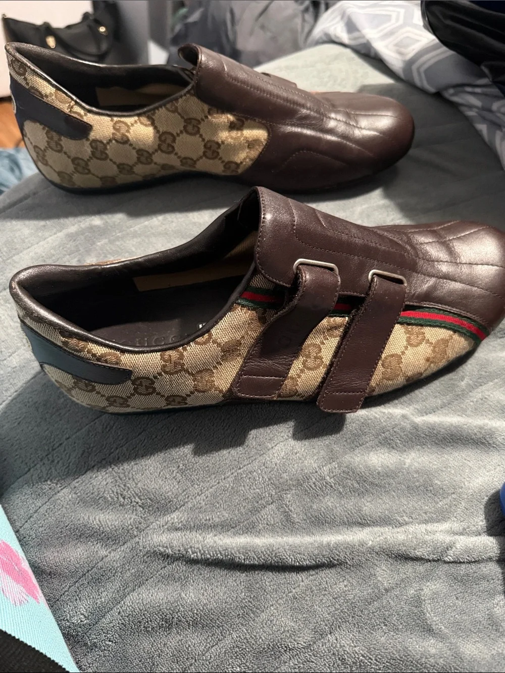 Gucci Brown Leather & Beige Monogram Slip-On Loafers with Red-Green Stripe